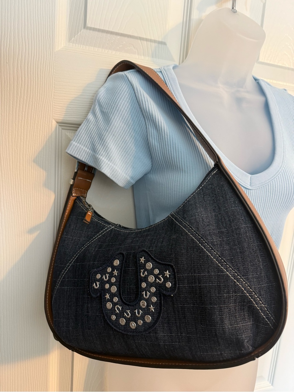 True Religion Dark Denim Signature Logo Studded Crystal Shoulder Bag Y2K 2000s